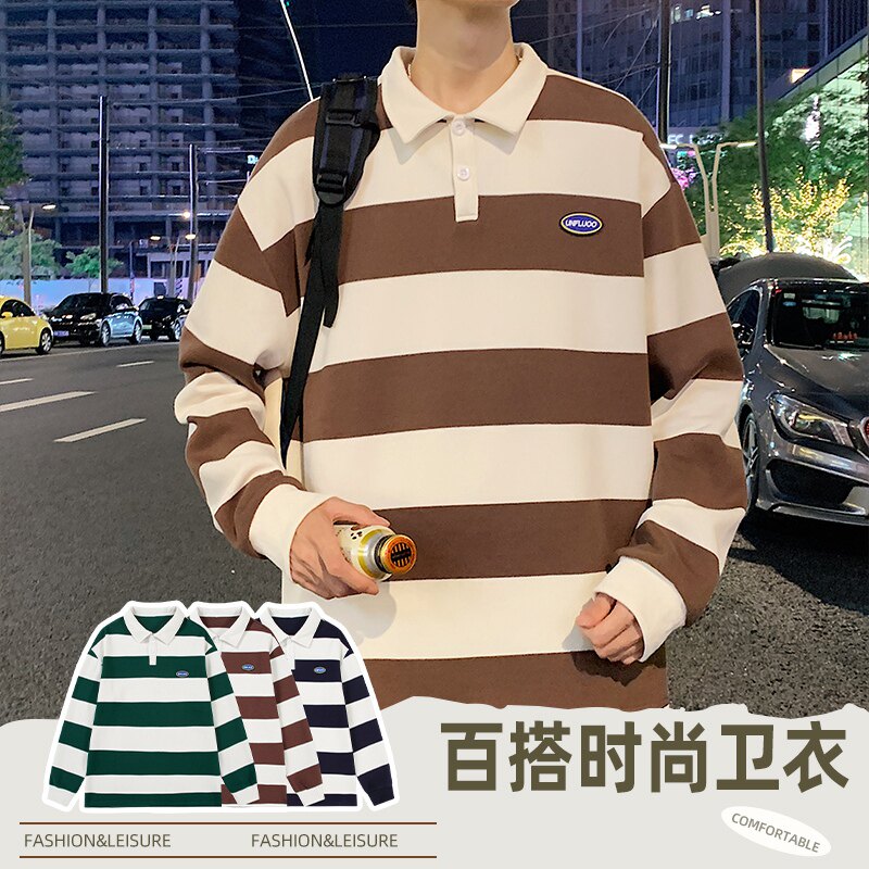 重磅空气层POLO衫男长袖翻领T恤潮牌宽松落肩条纹卫衣W2381-P52,男装卫衣,星座610（原A335）