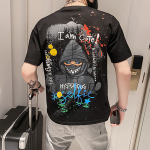 高品质爆款小恶魔联名纯棉五分落肩袖T恤男宽松大码T012-P40图片