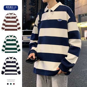 日系条纹翻领长袖卫衣男生棉春季休闲宽松polo衫上衣服W2381-P52