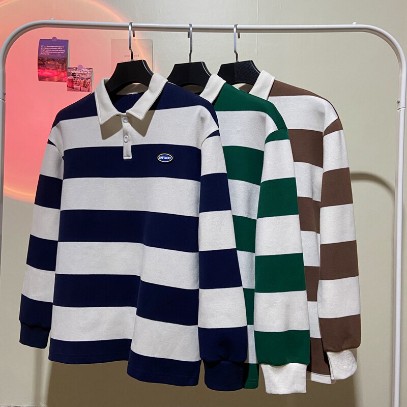 春季条纹polo衫日系复古简约百搭美式休闲宽松翻领卫衣W2381-P52,男装Polo衫,星座610（原A335）