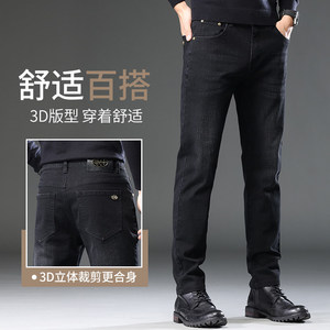 主推纯黑色牛仔裤男士修身直筒弹力春季休闲潮牌长裤子K879-P52图片
