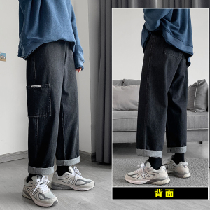牛仔裤男直筒宽松港风复潮牌ins痞帅坠感阔腿工装长裤子K1012-P40图片