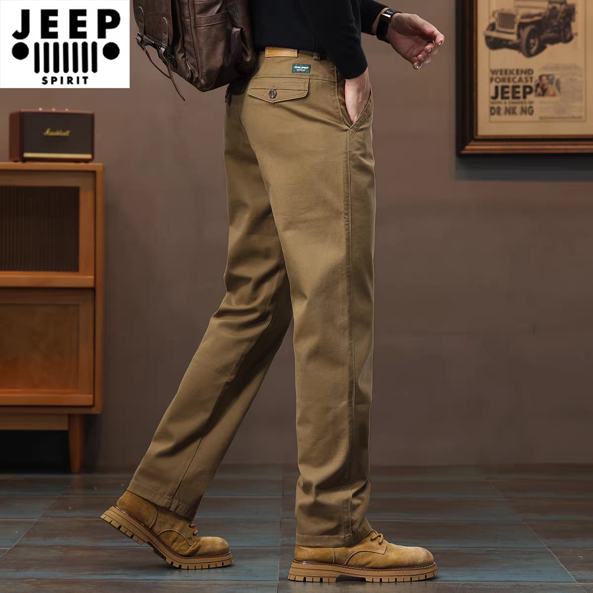 正品吉普JEEP休闲裤男士高档春秋款2026新款战地高腰弹力纯棉长裤