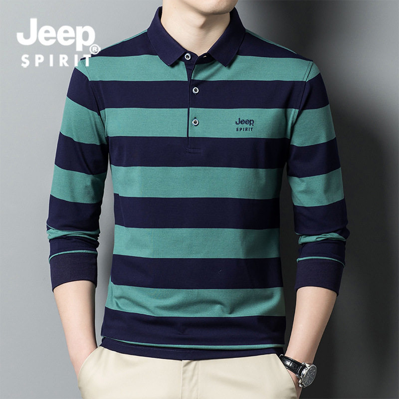 JEEP吉普官方翻领POLO衫男装正品2026新款春秋长袖条纹T恤时尚