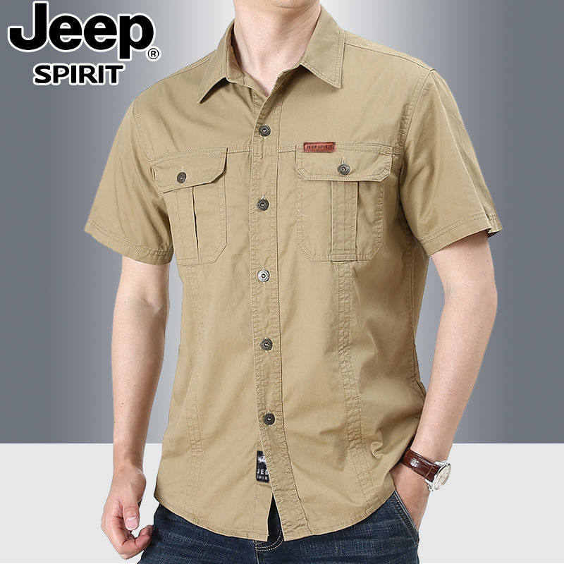 吉普官方正品男装工装短袖衬衫男士夏天新款战地休闲衬衣宽松大码