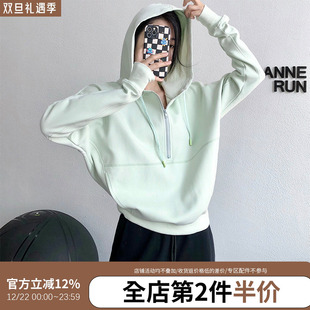 annerun运动卫衣女宽松户外跑步瑜伽服长袖 连帽外套 健身上衣韩版