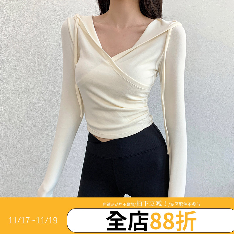 annerun速干运动T恤女连帽显瘦外穿健身服跑步交叉领休闲瑜伽长袖