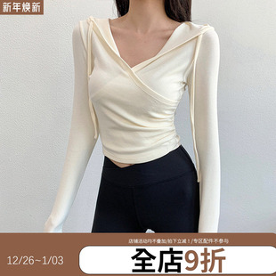 annerun速干运动T恤女连帽显瘦外穿健身服跑步交叉领休闲瑜伽长袖