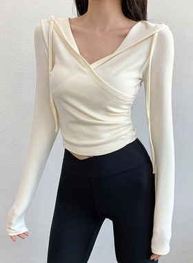 annerun速干运动T恤女连帽显瘦外穿健身服跑步交叉领休闲瑜伽长袖