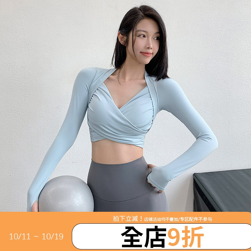 annerun带胸垫瑜伽上衣女性感交叉紧身长袖休闲跑步运动健身服