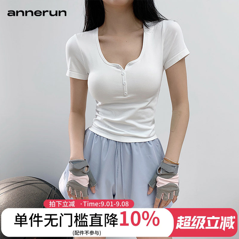 annerun复古运动短袖女正肩健身速干T恤带胸垫辣妹修身瑜伽服上衣图片