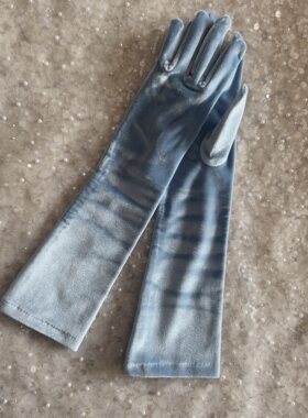 爱莎蓝色弹力金丝绒38厘米儿童款大码表演舞台年会礼服道具长手套