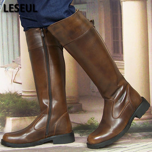 leseul棕色潮流西部头层牛皮马靴
