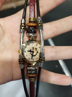 复古金色埃菲尔铁塔手表手工编织民族风吊坠真牛皮腕女生手链表