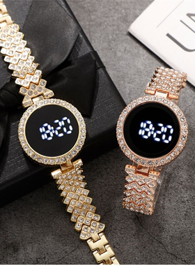 华2050年新款女士合金LED手表小众带镶钻圆形时尚夜光电子表现货o