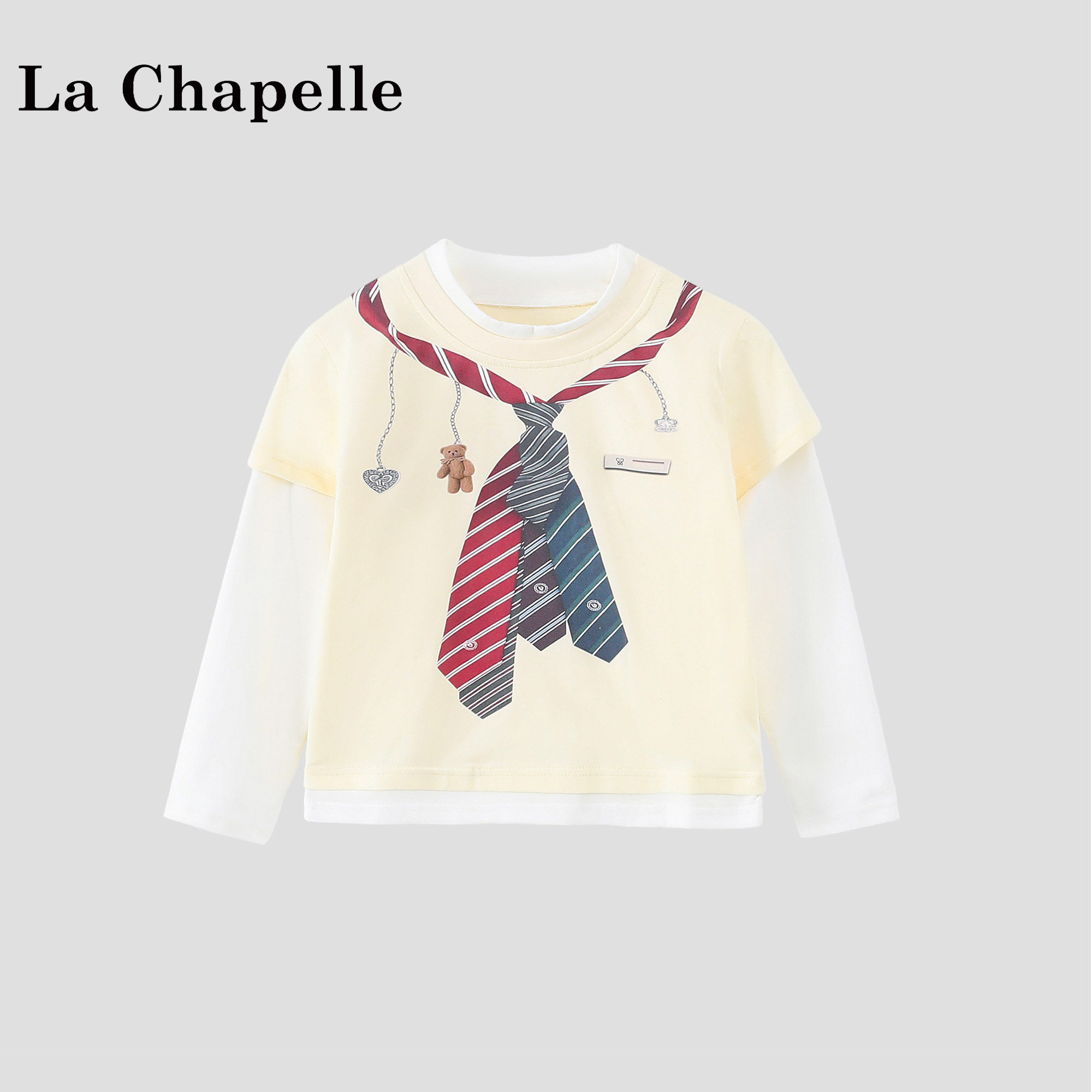 拉夏贝尔童装女童长袖t恤2026春装新款洋气儿童假两件打底衫上衣