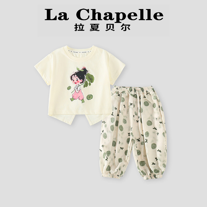 拉夏贝尔女童夏装短袖印花套装