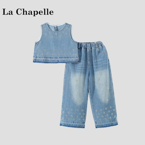 La Chapelle【拉夏贝尔】夏季时尚女童烫钻牛仔背心两件套LD2333
