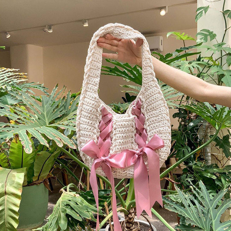 여자 친구를위한 수제 DIY 발레 스타일 보우 가방 소재 가방 INS 양모 뜨개질 수제 크로 셰 뜨개질 선물 숄더 백