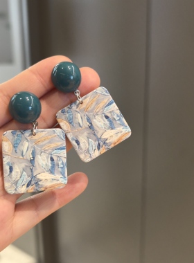 复古气质蓝色耳环女小众设计感耳钉超仙精致耳饰