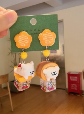 沐琪手作 日韩趣味线条小狗立体可爱不对称耳饰小众设计耳钉耳夹