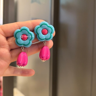沐琪原创彩色多巴胺花朵水滴耳环夸张小众独特耳钉高级感无洞耳夹