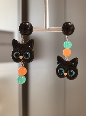 沐琪原创2026新黑色猫咪不对称耳环长款可爱甜酷风耳夹无洞耳饰