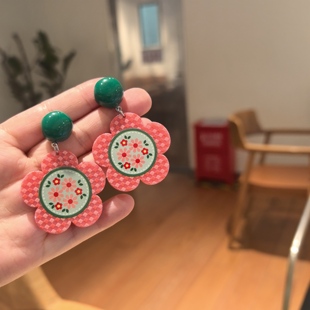 沐琪手作80年代复古格子花朵撞色耳环怀旧港风高级感耳夹
