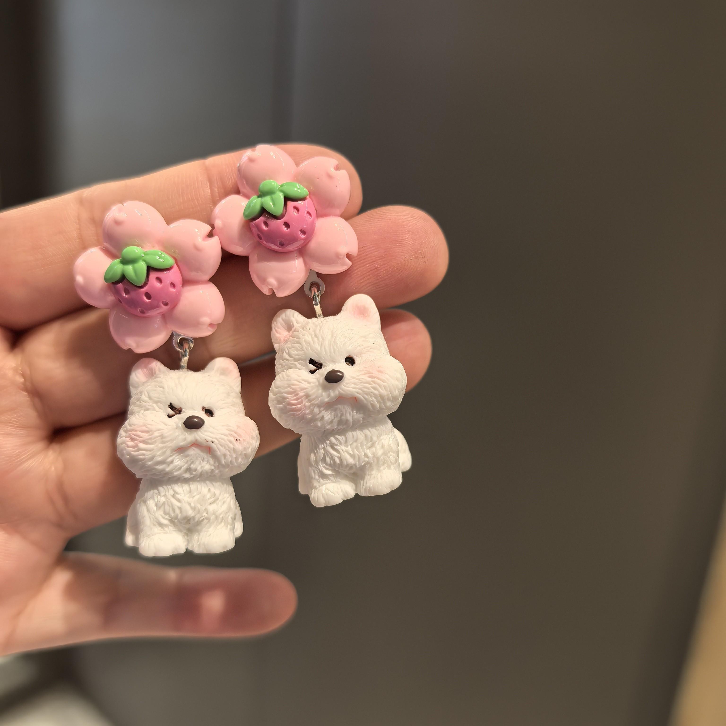 沐琪手作小众趣味卡通可爱小狗百搭耳环西高地无洞耳夹