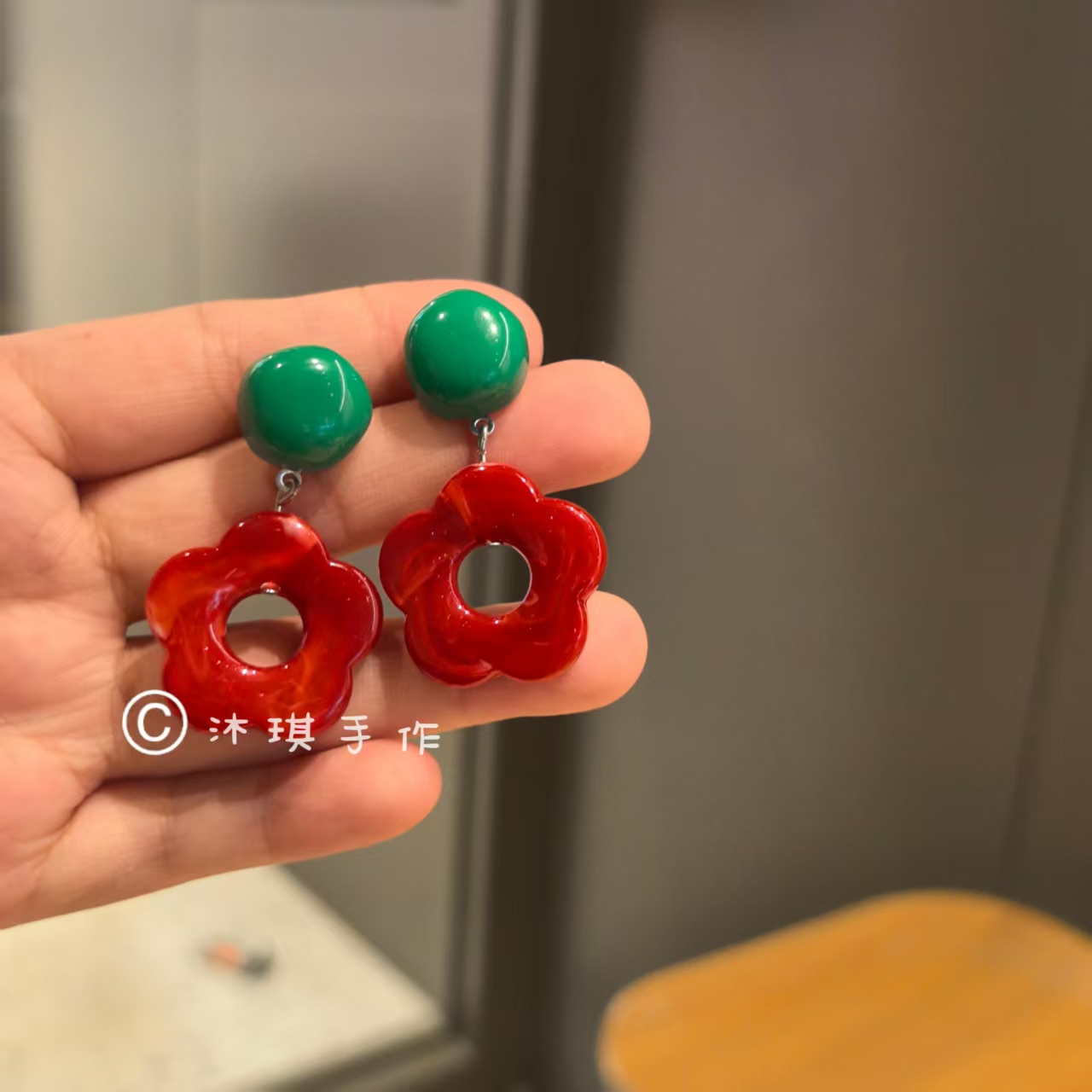 沐琪手作撞色晕染可爱花朵耳钉百搭复古港风显脸小耳饰耳夹