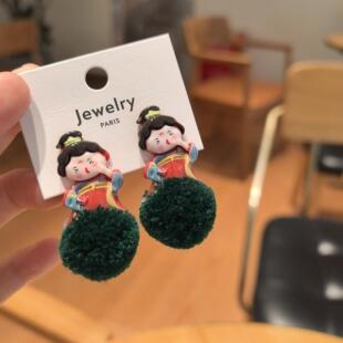 沐琪手作小众国潮可爱唐美人复古耳环时尚秋冬毛球耳饰无洞耳夹
