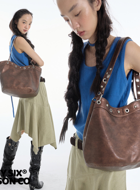 DirtySix 2025AW 达顿水桶 嬉皮朋克 多背法 机车铆钉软皮托特包