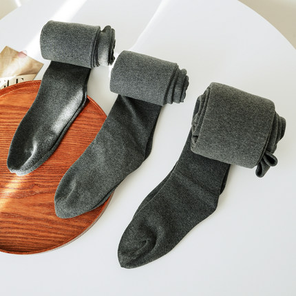 日系直角跟灰色连裤袜女春秋款加厚棉竖条纹微压显瘦打底裤袜冬季