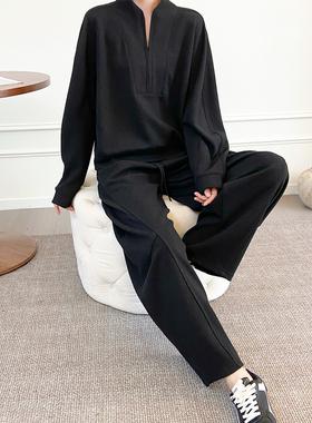 碳黑弯刀裤套装女秋冬老钱风磨毛卫衣两件套慵懒休闲服外套新款