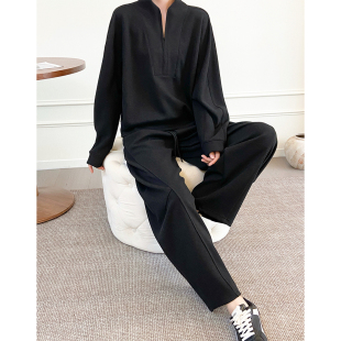 女秋冬老钱风磨毛卫衣两件套慵懒休闲服外套新款 碳黑弯刀裤 套装