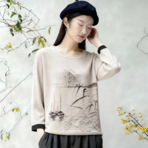 水墨沐暖手绘100%棉毛衣