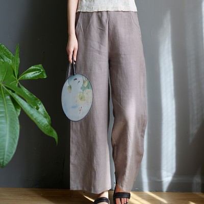 水墨沐暖文艺汉麻绣花阔腿裤