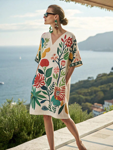 波西米亚风情海边度假连衣裙宽松显瘦气质裙子沙滩裙棉麻质感短袖