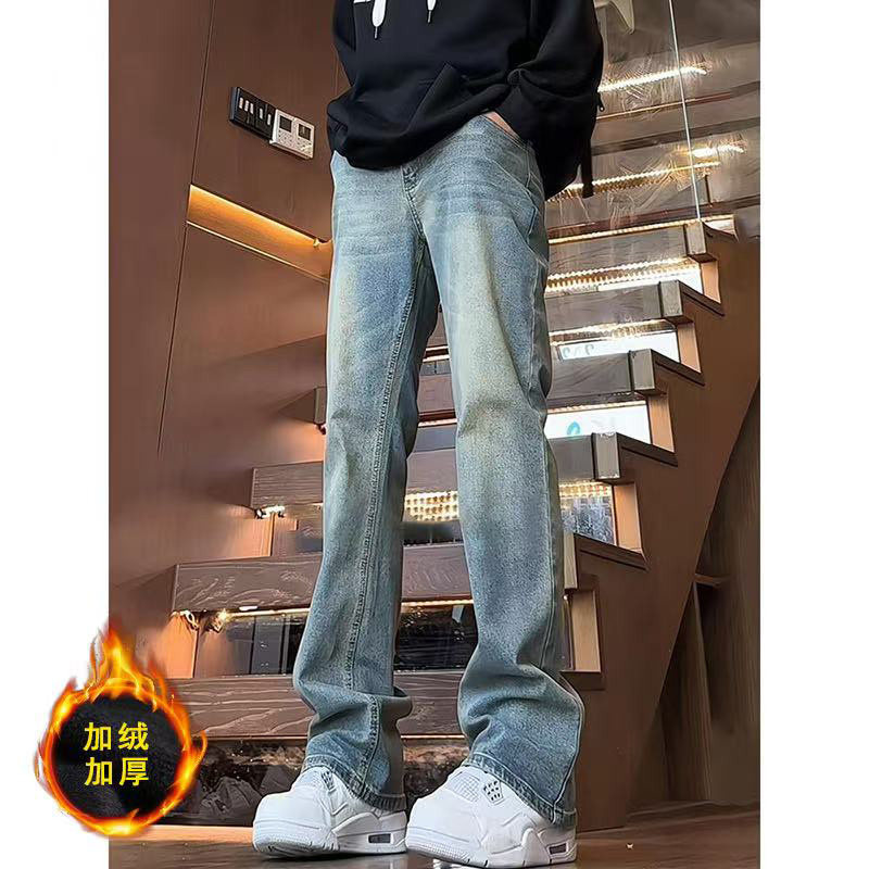 怪兽微喇牛仔裤男加绒秋冬美式高街Vibe混的穿加长直筒弯刀裤弹力