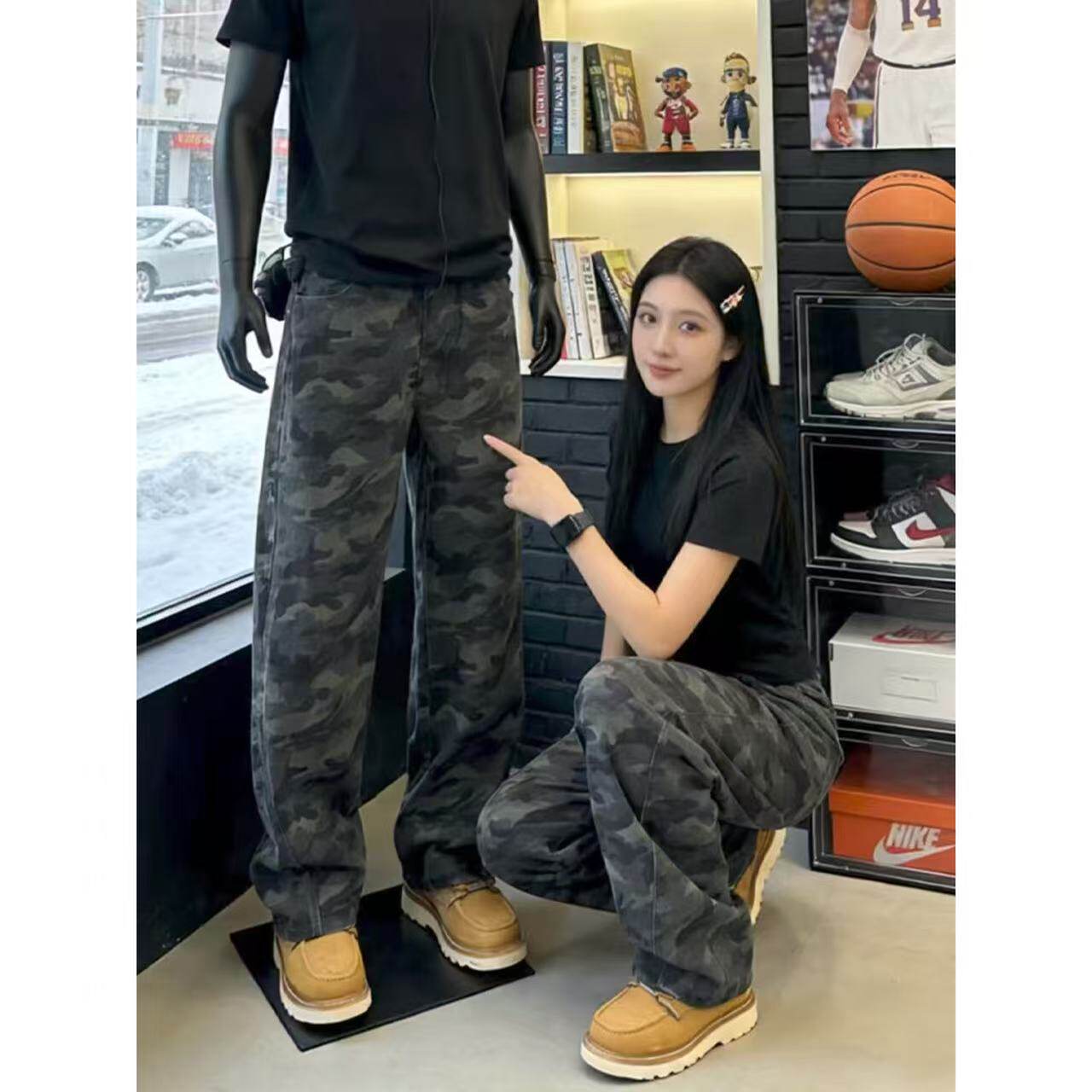 怪兽vintage工装迷彩裤男春夏美式高街直筒微喇裤加长版潮弯刀裤