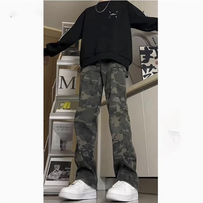 vintage伐木牛仔迷彩裤男女春秋美式高街裤微喇工装牛仔裤加长版