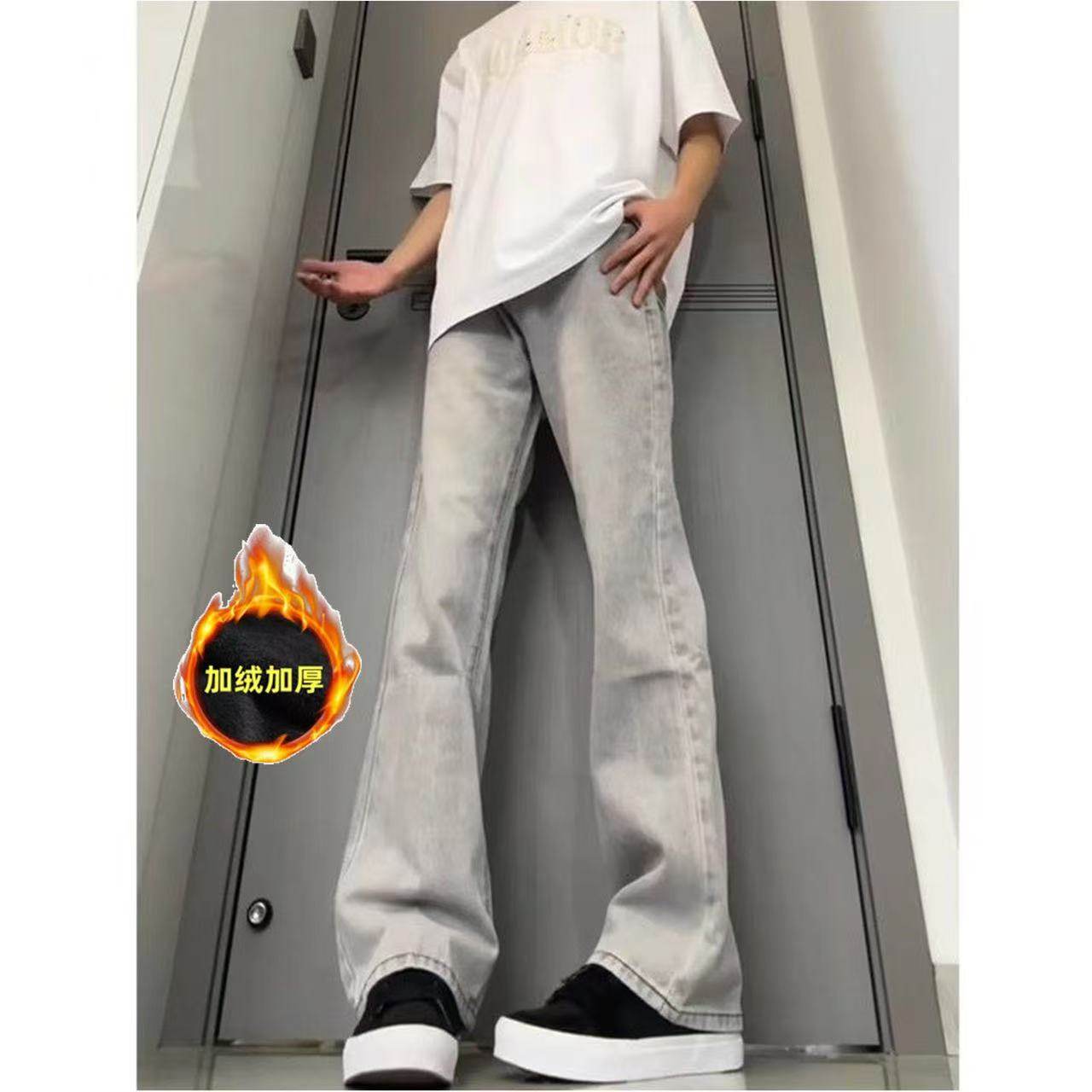 怪兽实验加绒微喇牛仔裤男25秋冬美式高街Vibe窄版柳叶弯刀裤517