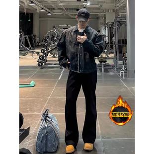 怪兽实验室加绒黑微喇牛仔裤男秋冬美式高街Vibe混的穿柳叶弯刀裤