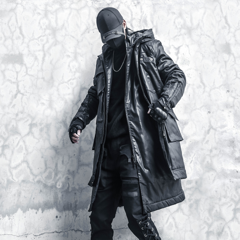 假两件连帽长款面包服外套男