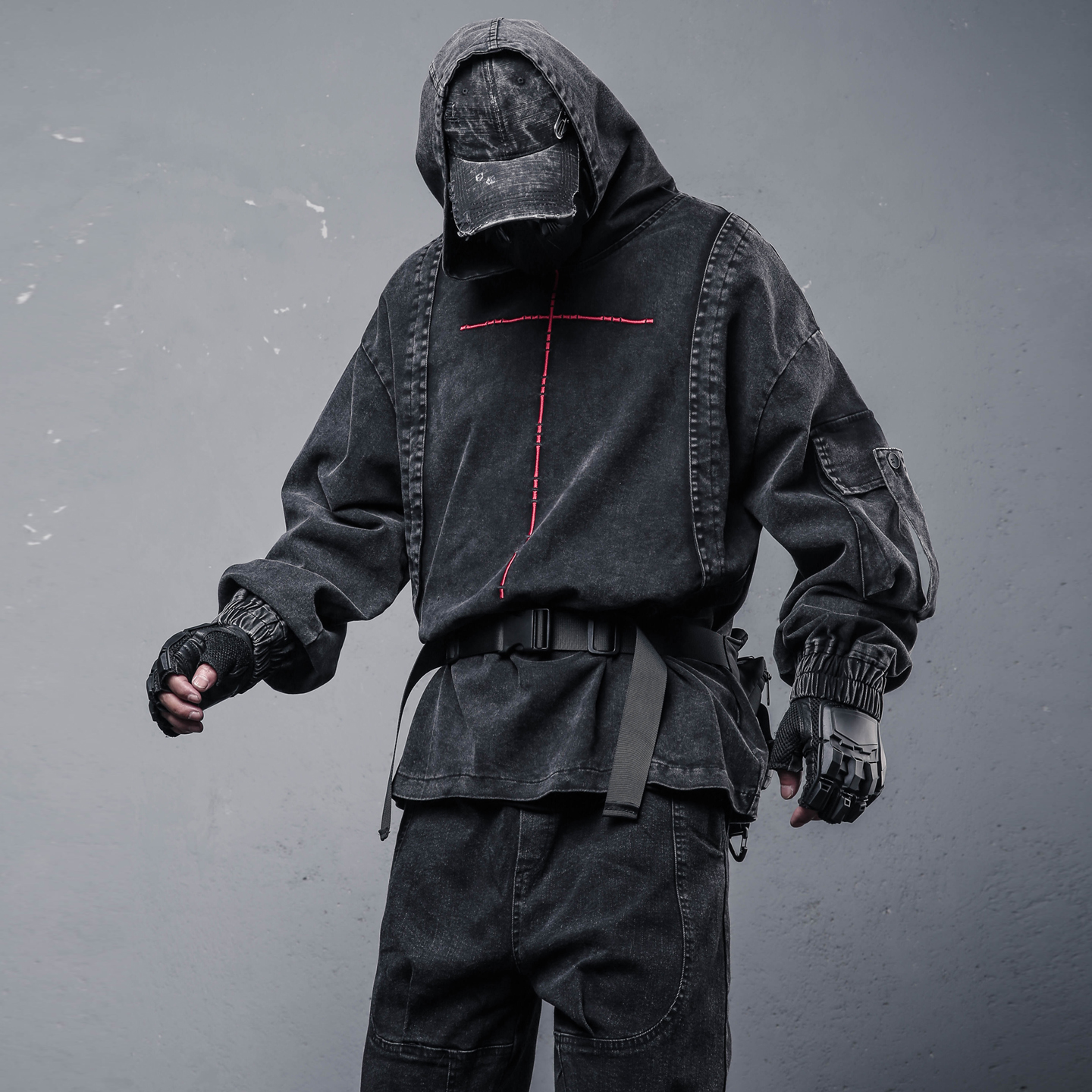 小众废土风机能工装连帽牛仔卫衣