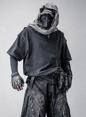 小众废土风高街机械解构短袖T恤痞帅水洗做旧重磅半袖上衣金属扣