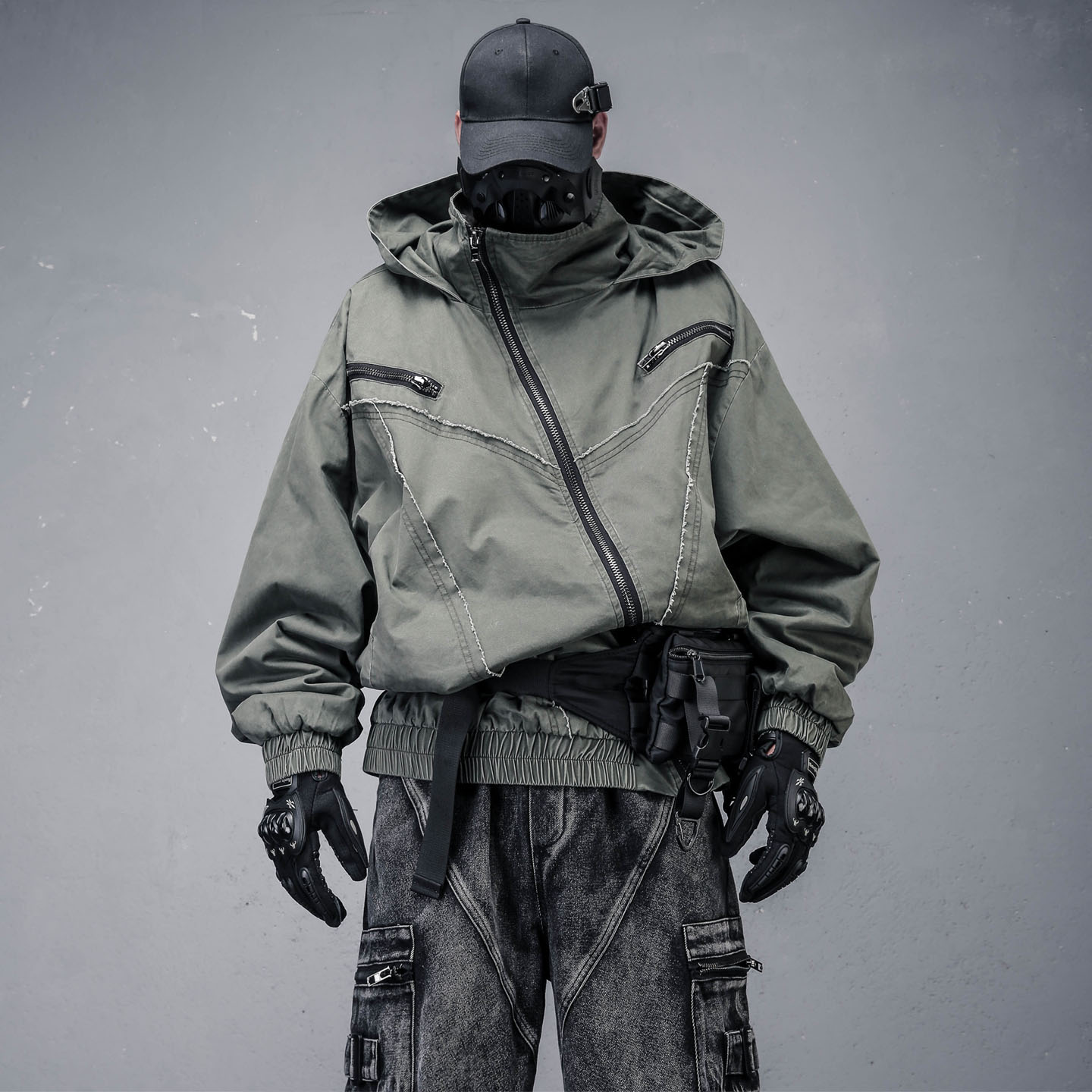 废土风做旧拼接磨边连帽高领夹克