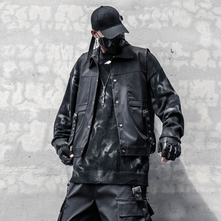 小众机能风设计感翻领工装 外套 马甲暗黑伞兵飘带战术背心男潮无袖