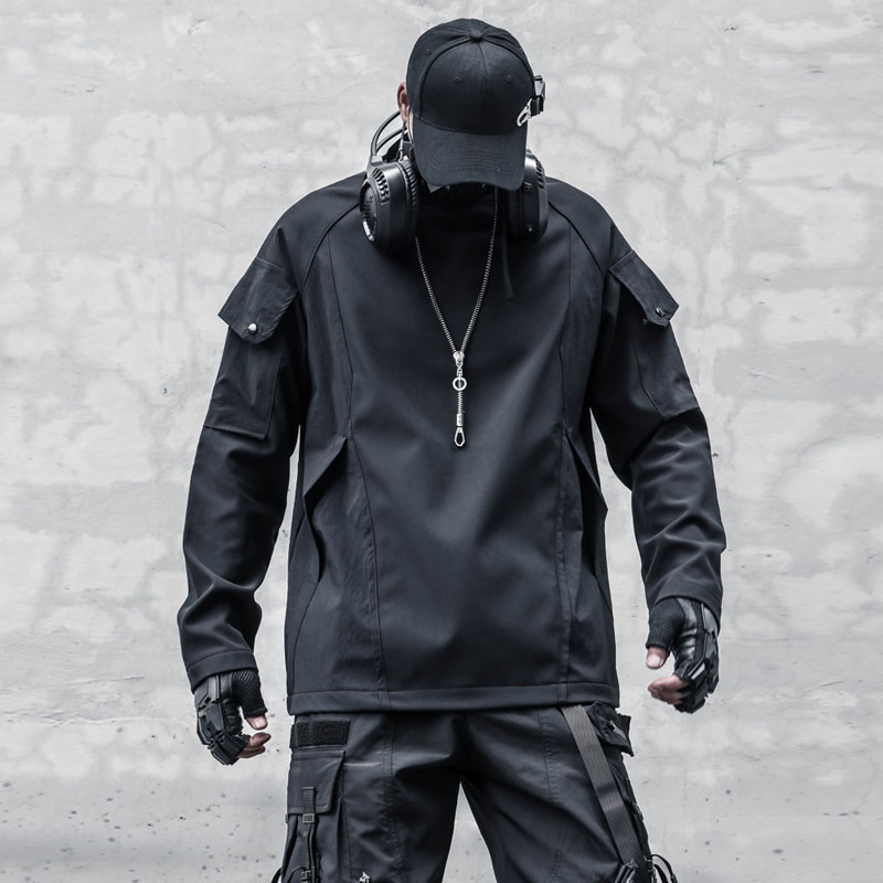 小众原创设计秋冬暗黑系剪裁拼接宽松机能硬核加绒套头卫衣男潮