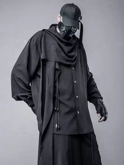 Yamamoto-Style High-End Shirt, Autumn Unisex Style with Shawl and Neckerchief Design, Niche Magician Dark Pattern Shirt for Men, Trendy